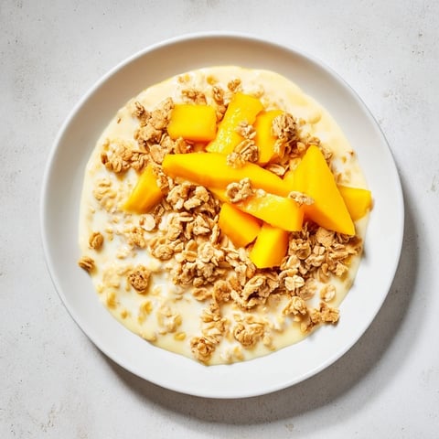 Creamy Mango Blended Overnight Oats, ready to eat, topped with granola for a delightful breakfast.