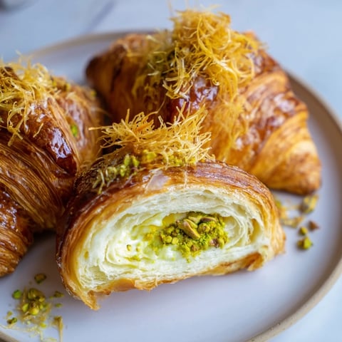 A golden Pistachio Cream Croissant, flaky with a creamy pistachio filling, ready to serve.