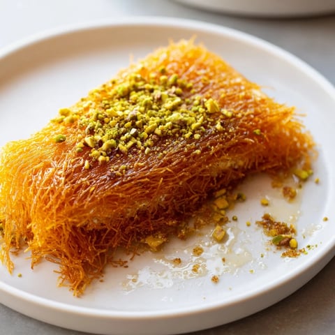 A warm slice of Lebanese Knafeh, golden and crisp, with a stretchy cheese pull.