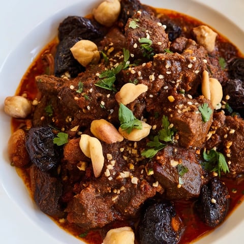 Delicate Moroccan lamb tagine with prunes and almonds, a fragrant and hearty stew.