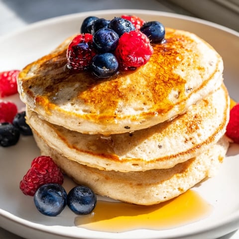 Fluffy cottage cheese pancakes piled high, ready to be enjoyed with fresh, juicy berries.