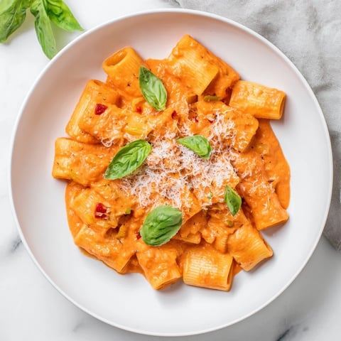 Creamy Roasted Red Pepper Pasta, topped with fresh basil, ready to serve and enjoy.