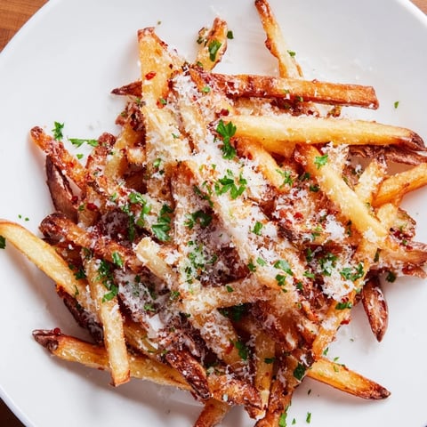 Golden brown Truffle Parmesan Fries, crispy and tossed with truffle oil and cheese, ready to eat.