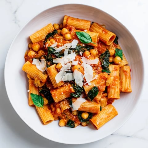 Creamy Tuscan Chickpea Pasta glistening with a rich tomato sauce and fresh spinach, ready to serve.