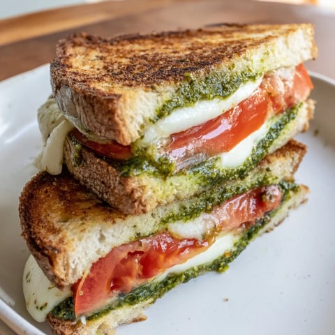 Creamy, melty Caprese pesto grilled cheese with juicy tomatoes, served warm and ready to eat.