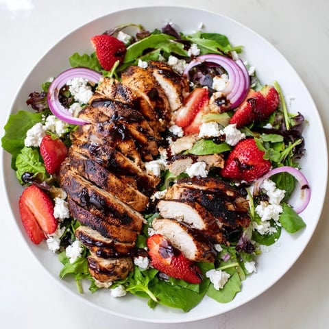 Grilled Strawberry Balsamic Chicken Salad with vibrant strawberries and creamy feta, ready to enjoy.