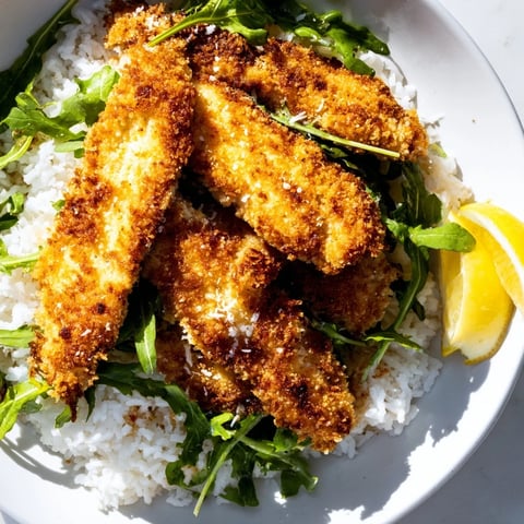 Crispy Parmesan Chicken Cutlet Bowl presented, golden-brown cutlets atop rice with fresh arugula and lemon wedges.