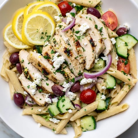 Greek Chicken Pasta Bowl photo: a flavorful Mediterranean meal with juicy chicken and fresh vegetables.