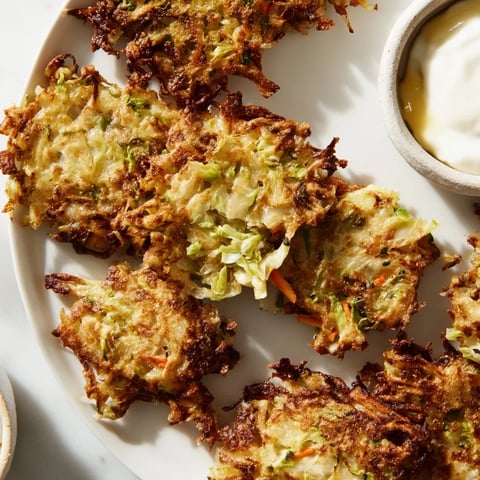 Golden-brown cabbage fritters with tangy Greek yogurt dipping sauce, served warm as a savory vegetarian appetizer or snack.