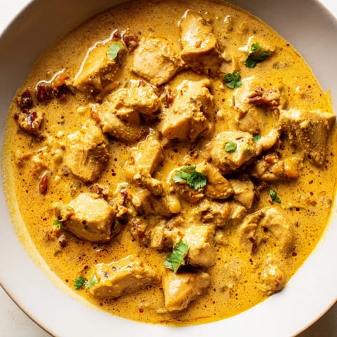 Ein Teller heißes Easy Chicken Curry mit cremiger Soße und frischem Koriander, serviert mit basmatireis und naan.