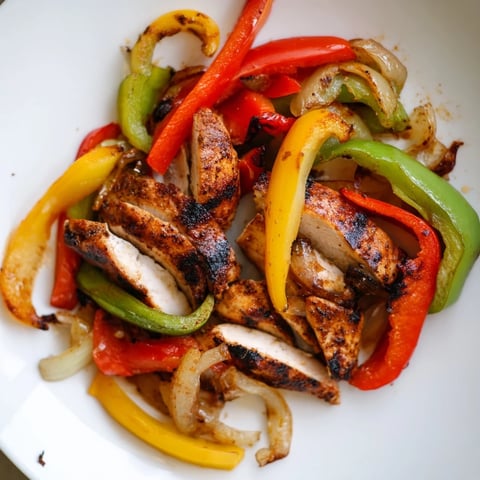 Gesättigte Rote, gelbe und grüne Paprikaschoten neben gewürztem Hähnchen in weichen Tortillas für ein Easy Chicken Fajitas Abendessen.