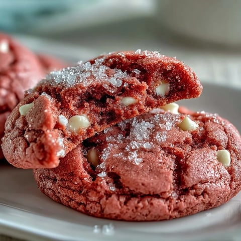Zu den leckeren Pink Velvet Cookies mit weißen Schokoladenstücken, die auf einem Backblech auskühlen.