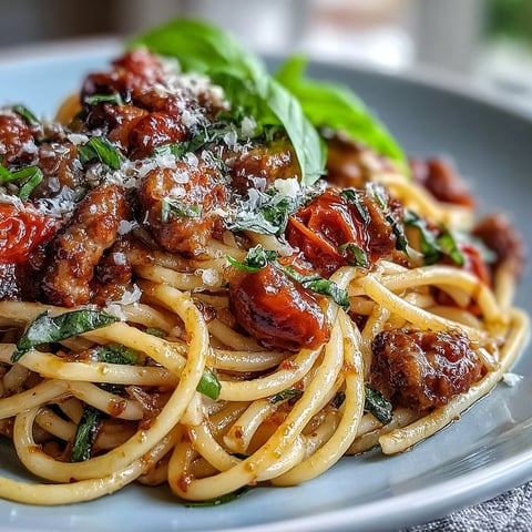 Italienische Drunken Noodles mit Wurst, Cherrytomaten und frischem Basilikum auf einem Teller.