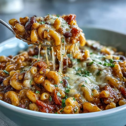 One-Pot Tex-Mex Chili Mac with Corn steaming in a skillet, melted cheddar cheese and fresh cilantro garnish. 