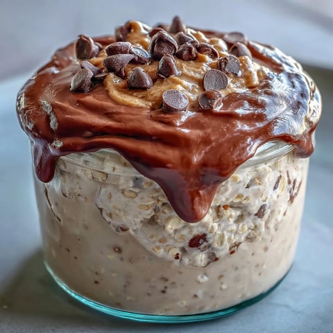Peanut Butter Cup Overnight Oats mit Schokoladenganache und Erdnüssen im Glas.