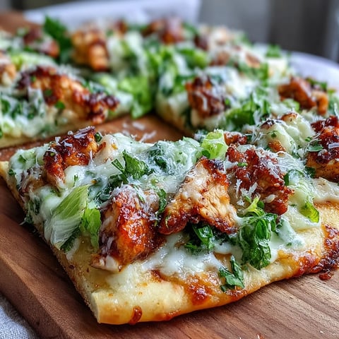 Goldener Garlic Naan Chicken Caesar Pizza, belegt mit saftigem Caesar-Hähnchen, geschmolzenem Mozzarella und knackigem Rucola.