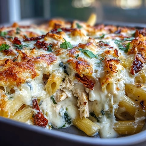 Greek Yogurt Chicken Alfredo Bake with melted mozzarella and golden-brown edges, served hot from the oven.