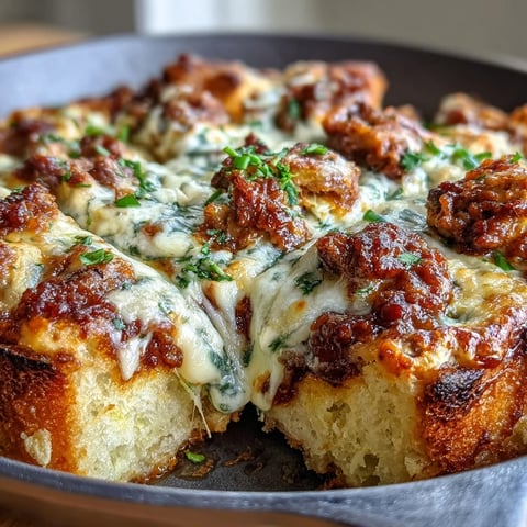 Cheesy Garlic Bread Lasagna Skillet mit knusprigen Brotwürfeln, saftigem Hackfleisch und geschmolzenem Mozzarella im Ofen.