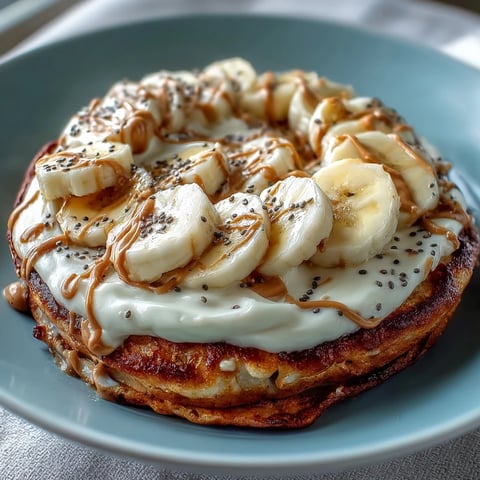 Three fluffy protein pancake slices topped with creamy Greek yogurt frosting, peanut butter drizzle, and fresh banana rounds.
