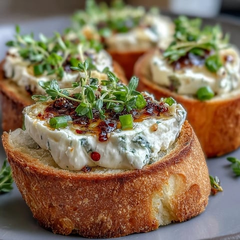 Frisch gebackene Hot Honey Goat Cheese Crostini auf rustikalem Holztisch mit Käsecreme und glänzendem Sirup.