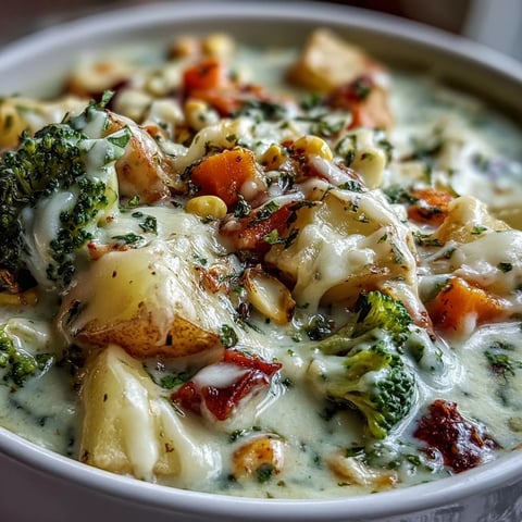 Creamy Garlic Parmesan Veggie Soup steaming in a bowl, topped with extra grated Parmesan and fresh thyme sprigs.