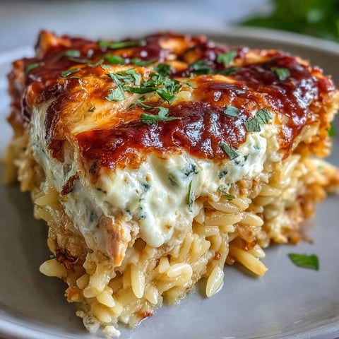 One-Pan Creamy Chicken Lasagna Orzo mit Käsekruste, frischem Basilikum und cremiger Sauce im Topf.