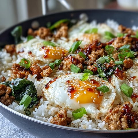 Frisch zubereitete Creamy Korean Turkey Rice Skillet mit glasigem Ei und Sesam auf einer Schüssel.