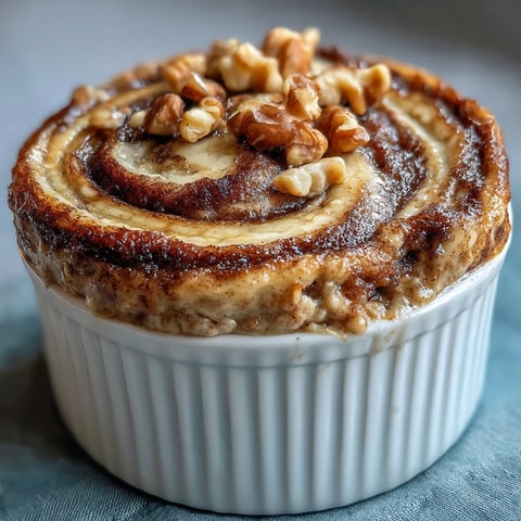 Cinnamon Swirl Protein Banana Baked Oats in a ramekin, topped with sliced banana and a dollop of Greek yogurt.