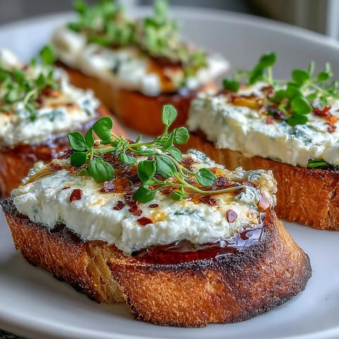 Goldener Hot Honey Goat Cheese Crostini auf getoastetem Baguette mit Kräutern und Honigglanz.