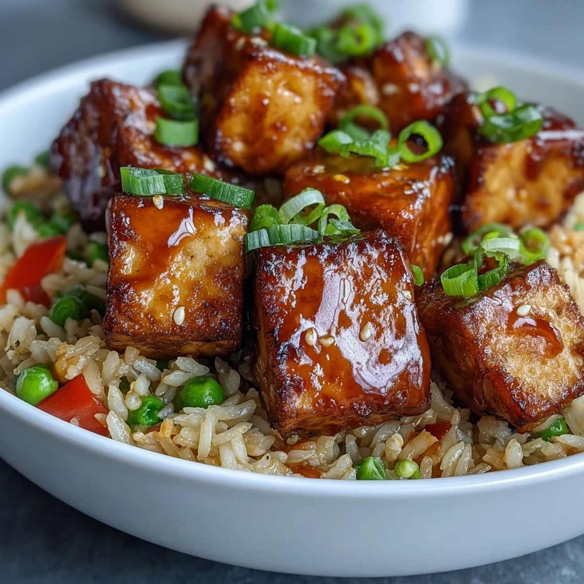 Crispy Sesame Tofu Fried Rice topped with green onions and sesame seeds on a white plate.