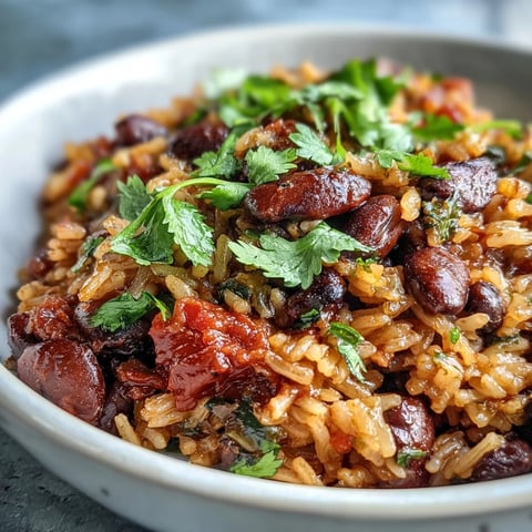 Bunte Schüssel mit Spanish Rice and Beans garniert mit Koriander, perfekt für ein veganes Hauptgericht.