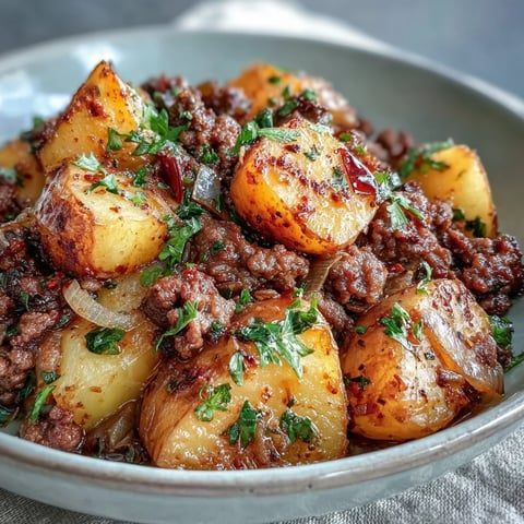 High Protein Ground Beef with Potatoes in a cast iron skillet with golden seared potatoes and savory beef.