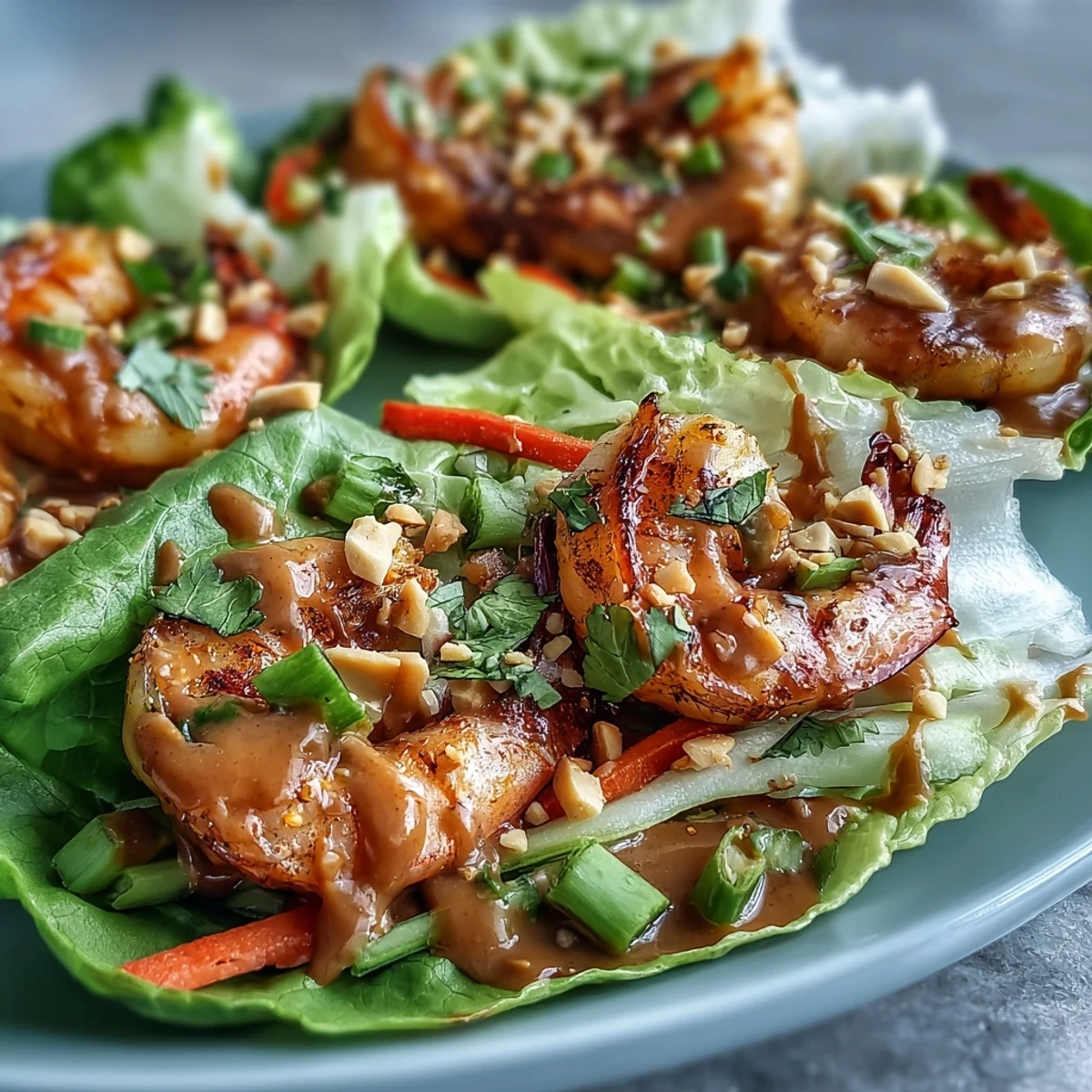 Crisp butter lettuce cups filled with succulent Shrimp Lettuce Wraps with Peanut Sauce, garnished with peanuts and lime wedges.