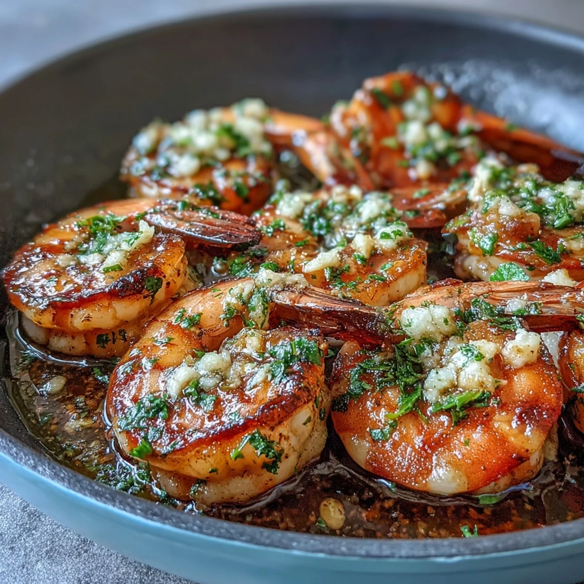 Goldene Garlic Butter Prawns in einer Pfanne, garniert mit frischer Petersilie und Zitronenscheiben.