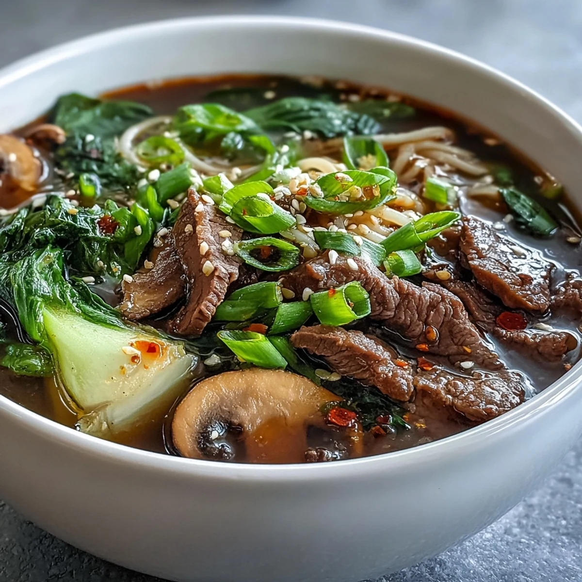 Dampfende Mini Hot Pot Bowls mit Rindfleisch und Nudeln in Brühe.
