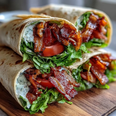 Gourmet BLT Wraps with Secret Sauce: Crispy bacon, juicy marinated tomatoes, and fresh lettuce wrapped in a low-carb tortilla.