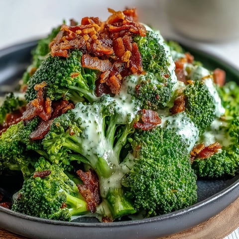 Crispy bacon crumbles over tender broccoli florets drenched in a glossy, savory garlic sauce for a quick Asian fusion side.