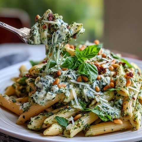 Creamy Cream Cheese Pesto Pasta twirled on a fork, garnished with fresh basil and toasted pine nuts.