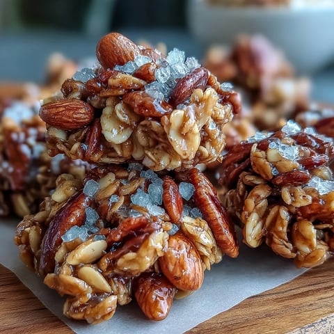 Goldene Salted Honey Granola Clusters auf weissem Teller, bestreut mit Fleur de Sel.