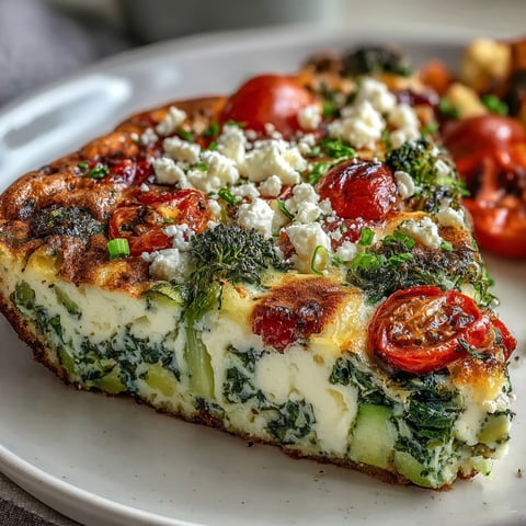 Fluffy High-Volume Veggie-Packed Egg White Frittata baked in a skillet, topped with vibrant cherry tomatoes and crumbled feta.