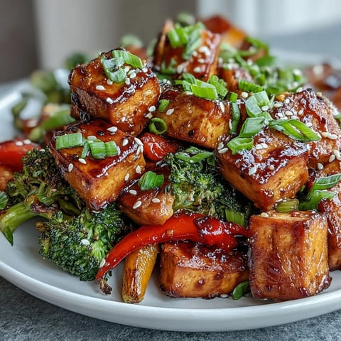 Goldbraunes Vegan Teriyaki Tofu Sheet Pan Stir-Fry mit Brokkoli und Paprika auf einem Backblech angerichtet.
