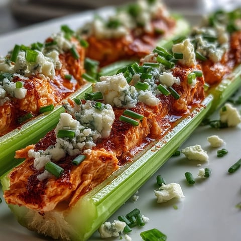 Crisp celery boats topped with crumbled blue cheese, filled with spicy Keto Buffalo Chicken Stuffed Celery Boats. Perfect game-day snack.