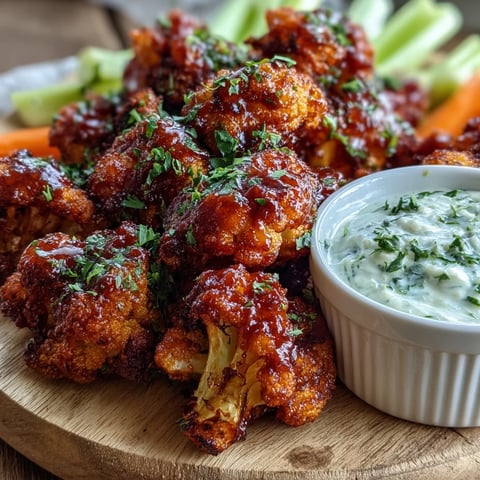 Keto Buffalo Cauliflower Wings with Ranch Yogurt Dip auf einem Tablett, knusprig gebacken und in scharfer Sauce gewendet, serviert mit cremiger Dip-Schale.