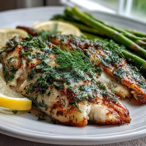 Flaky Lemon Herb Tilapia with Steamed Asparagus garnished with fresh parsley on a white plate.