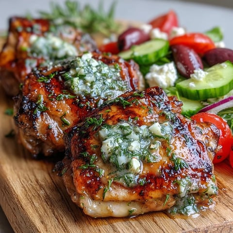 Grilled Lemon Herb Chicken Thighs with Greek Salad: Tender grilled chicken beside a colorful bowl of fresh Mediterranean salad.