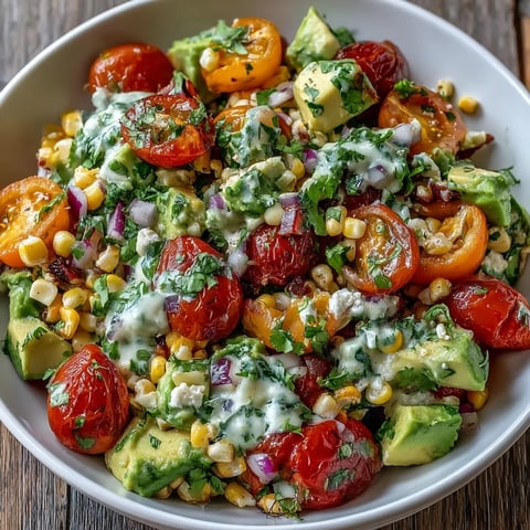 Fresh Corn and Tomato Salad with Avocado and Lime in a rustic bowl, bright cherry tomatoes and diced avocado mixed with sweet corn and herbs.