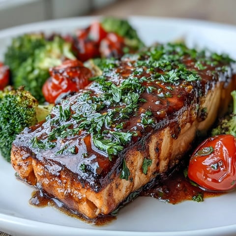 Goldene Lachsfilets mit Dijon-Senf-Glasur auf einem Blech gebacken, umgeben von bunten, knusprigen Gemüsestücken und frischen Kräutern.