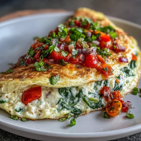 Rührei Light Veggie Egg White Omelette mit frischer Salsa auf Tellerrand