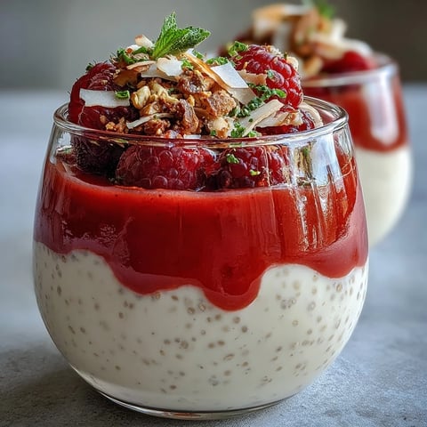 Vegan Raspberry Coconut Chia Parfaits topped with fresh berries and mint in a glass.