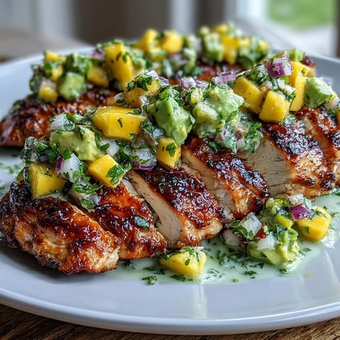 Grilled Chicken with Mango Avocado Salsa topped with diced avocado and fresh cilantro on a white plate